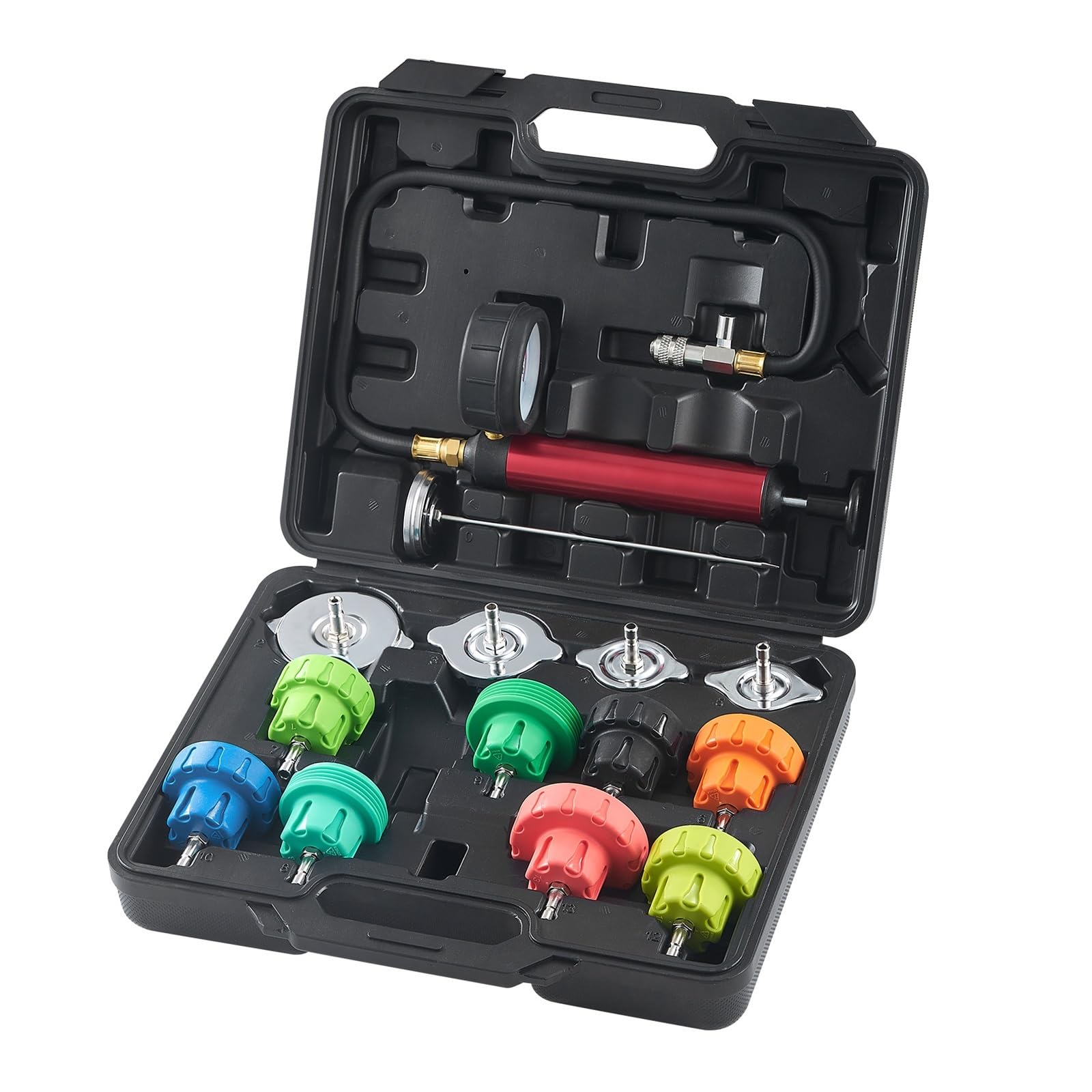 Kit de comprobador presión radiador Universal 14 Piezas con Bomba Manual y sonda Prueba Acero codificada por Colores Herramienta de Prueba