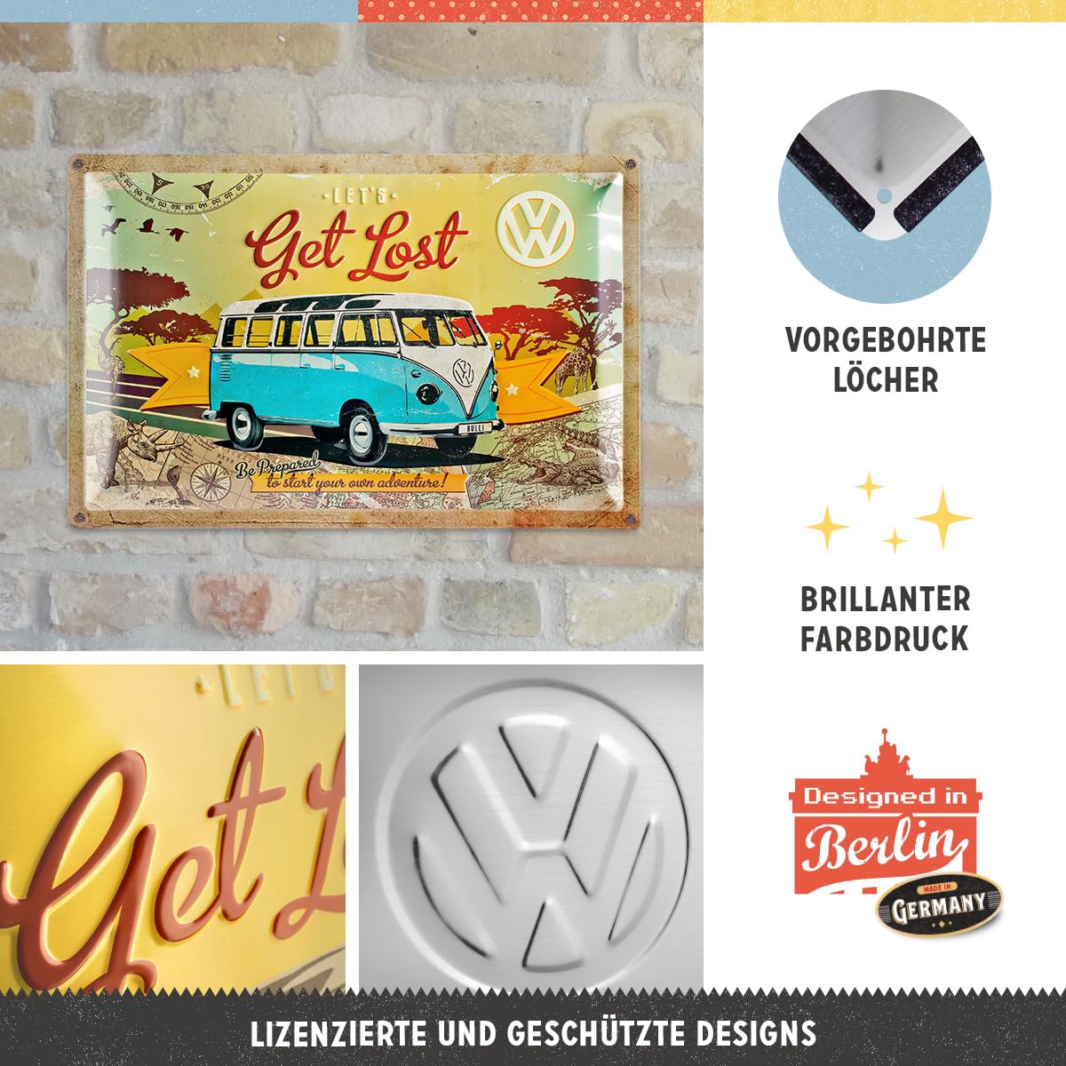 Nostalgic-Art Retro Blechschild, Volkswagen Bulli – Let's Get Lost – VW Bus Geschenk-Idee, aus Metall, Vintage-Design zur Dekoration, 40 x 60 cm