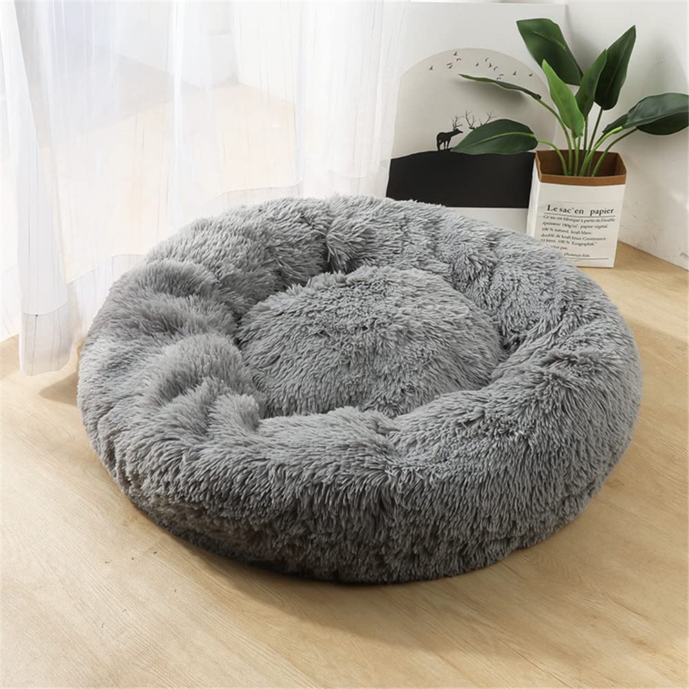 Lukery Dog Cat Donut Bed, Fluffy Plush Puppy Kitten Cuddler Round Bed, Warm and Soft Pet Cosy Anti Anxiety Beds for Small/Medium/Large Dogs (90CM,Light grey)
