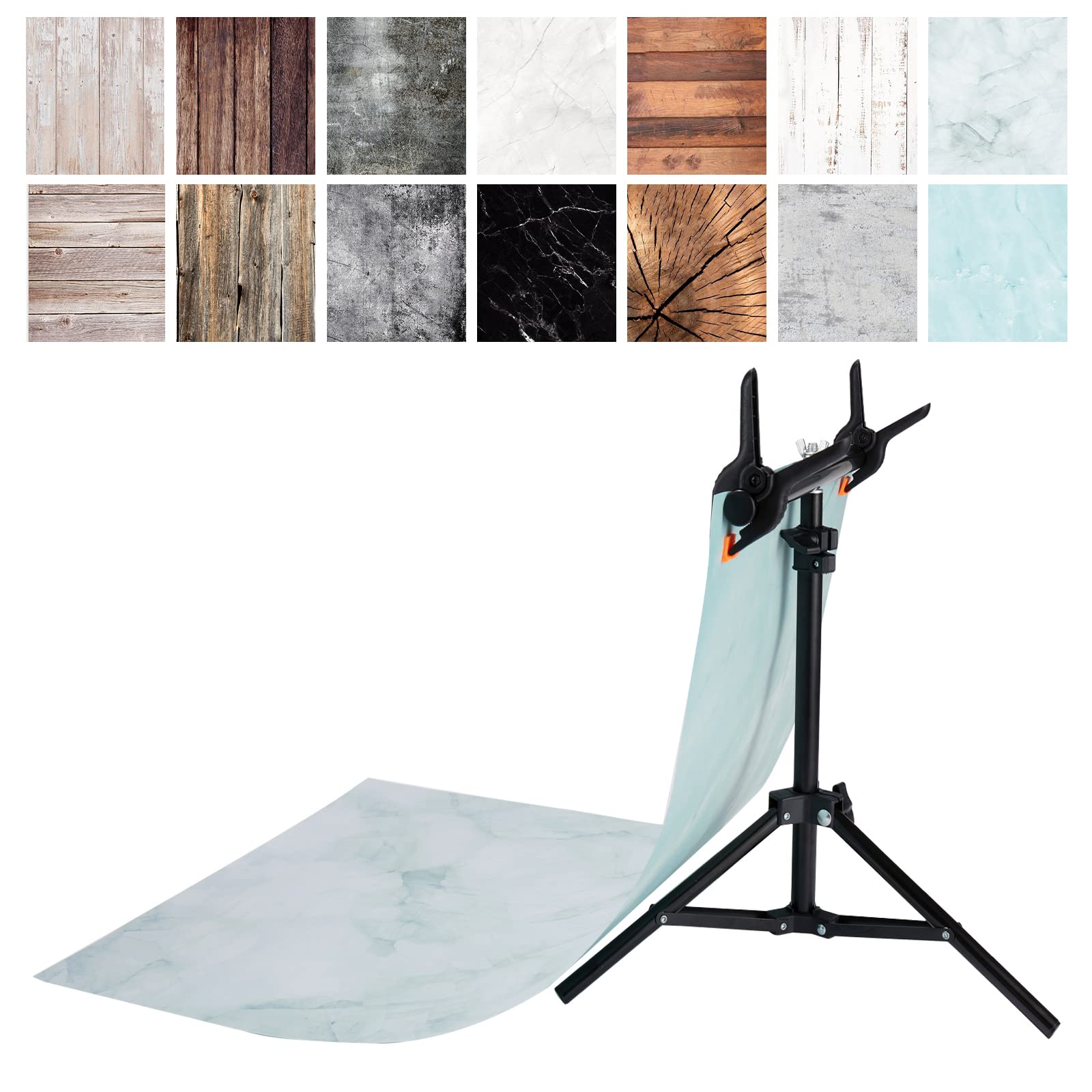 7PCS 14Patterns Photography Background Paper with T-Shape Backdrop Stand Waterproof Wood Food Photo Double Sided 22X35 in, BEIYANG