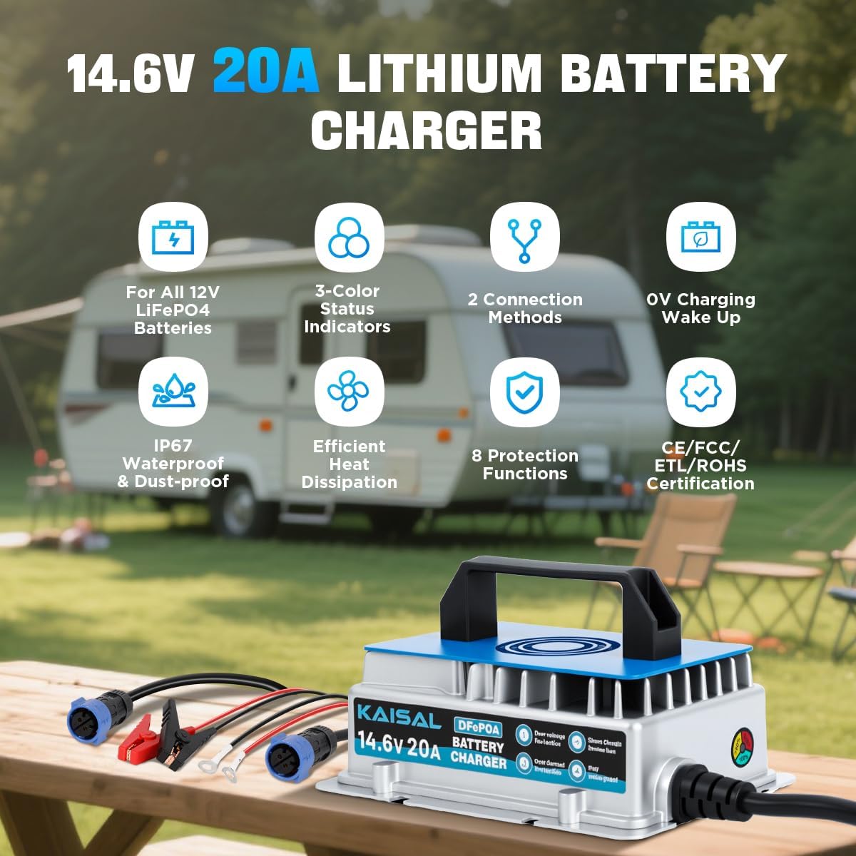 12V 20A Lithium Battery Charger 14.6V LiFePO4 Battery Charger IP67 Waterproof & 0V Wake Up 12 Volt Lithium Charger with 8 Protection for 12.8V LiFePO4 Battery of RV, Marine, Solar, Trolling Motor,Home