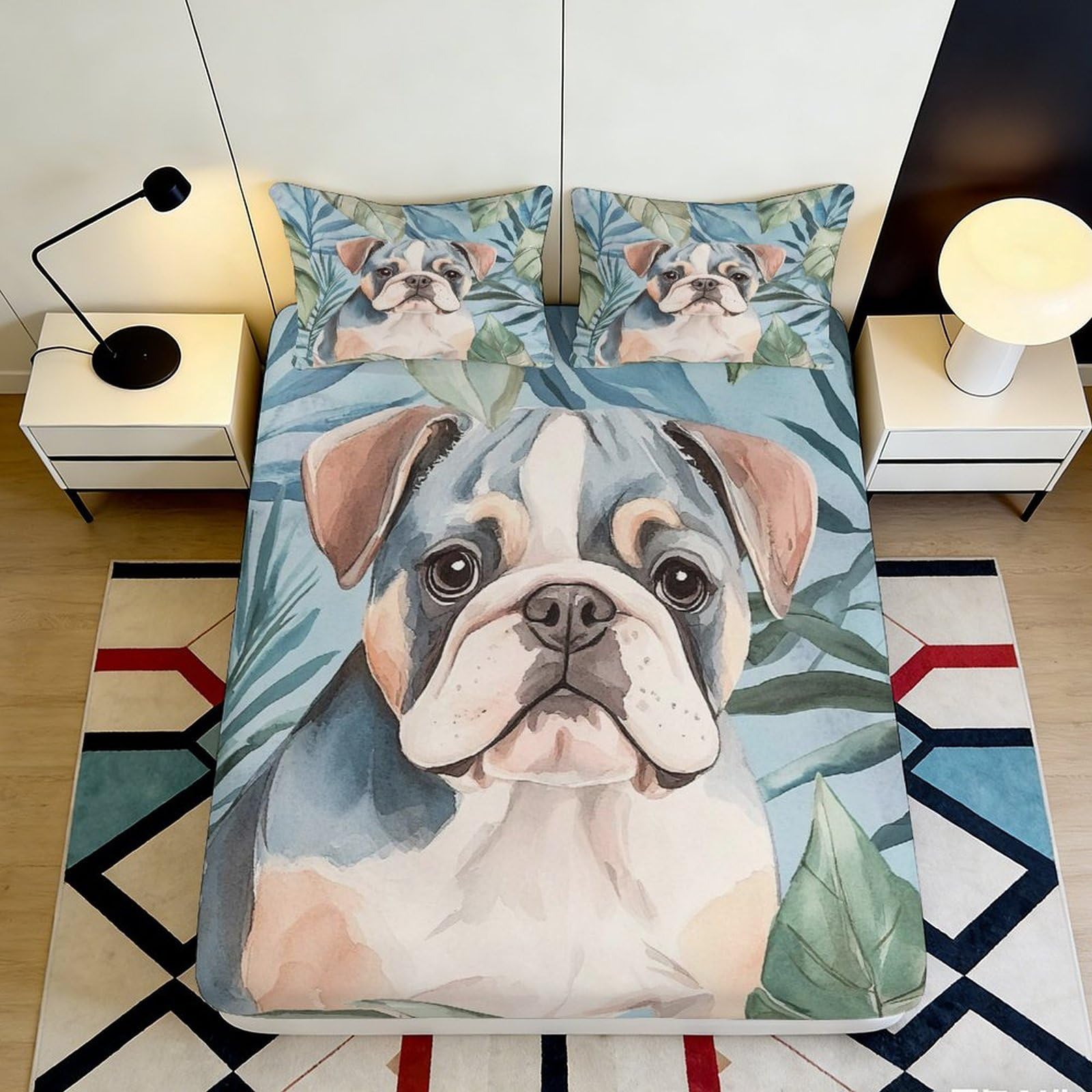 3D Printed Bulldog Dog Fitted Sheet Microfiber Anti-Slip Blue Leaf Bed Cover for Bedroom Dorm Mattress Decor 114 200x200x25cm