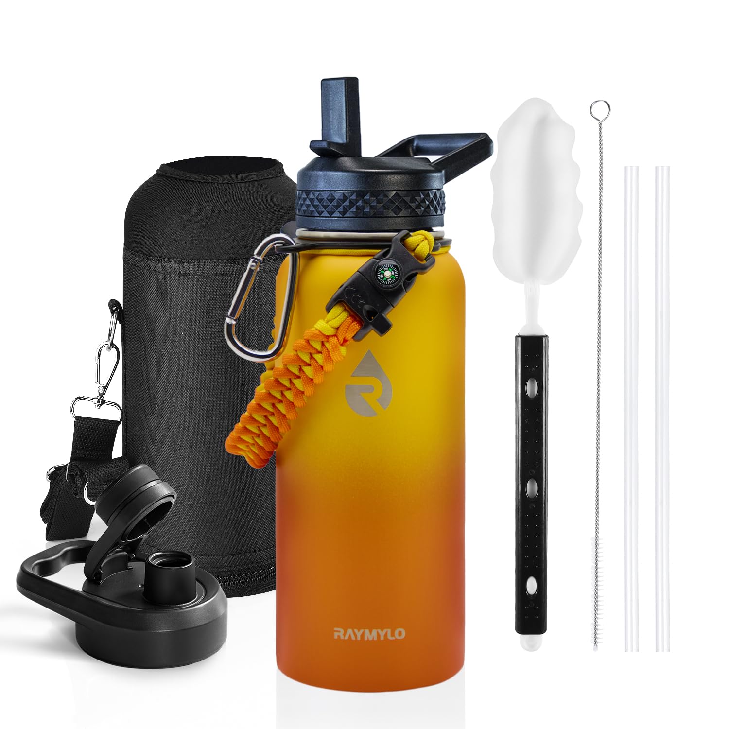 Insulated Water Bottle 32 oz, Triple Wall Vacuum Stainless Steel (Cold for 48 Hrs), Leak Proof & Non-BPA, Modern Water Flask Jug with Paracord Handle & Straw Spout Lids, Ombre Orange