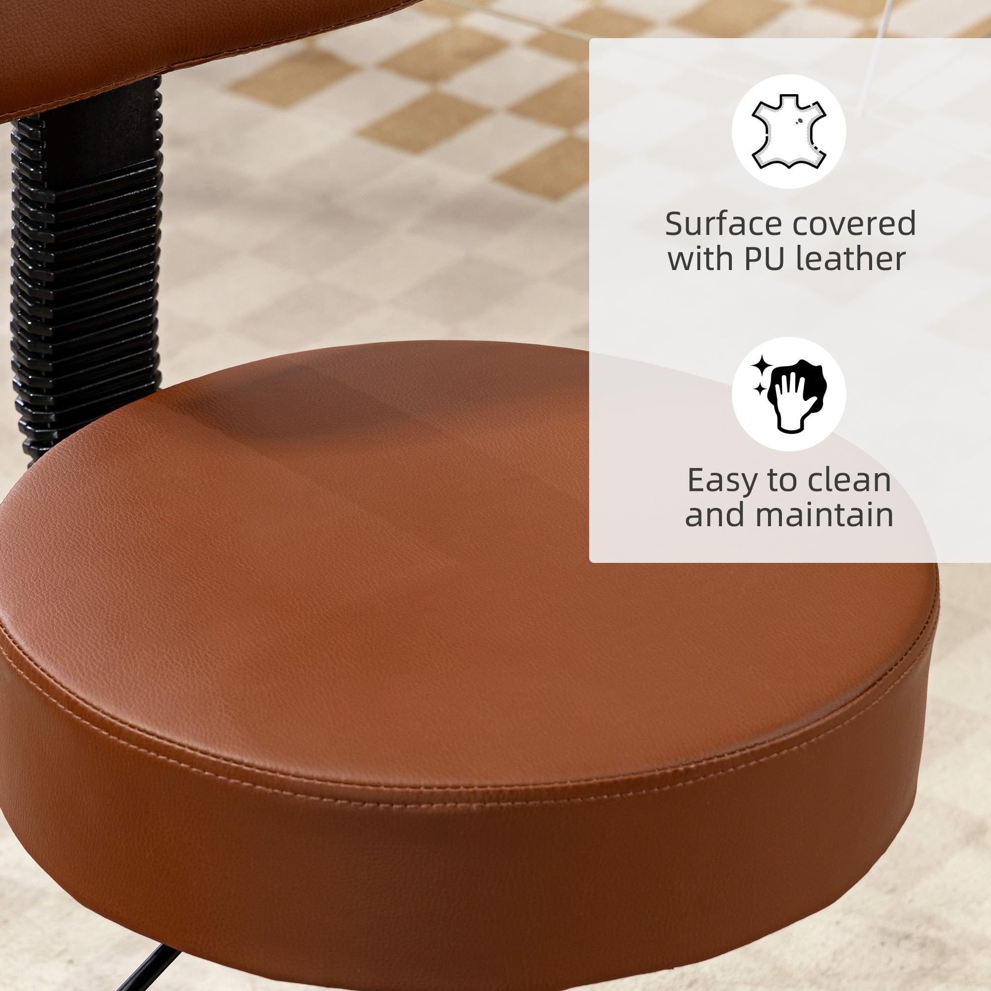 HOMCOM Silla giratoria de peluquería con asiento acolchado 48cm Marrón | 5 ruedas, altura ajustable, peluqueros, tatuaje, spa, cojín rodante, profesional