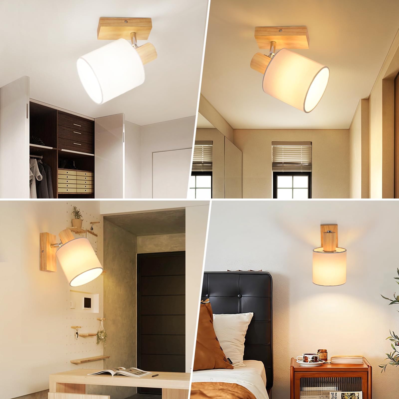 Deckenlampe 1 Flammig Holz Flurlampe Deckenleuchte | Deckenstrahler E14 MAX 40W Deckenspots Strahler Vintage Schwenkbar 350° Flur Schlafzimmer Ohne Leuchtmittel, 3 Stück