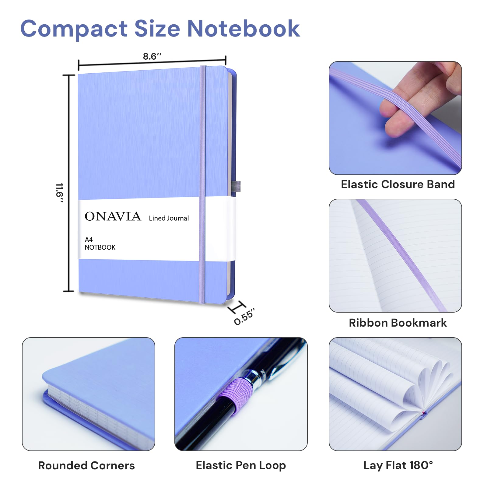 ONAVIA A4 Hardcover Liniertes Notizbuch 6er Pack, 80 Blatt, Mehrfarbig | 160 Seiten, 21 × 29,7 cm, Hardcover, Liniert, Notizbuch für Schule, Studium und Büro