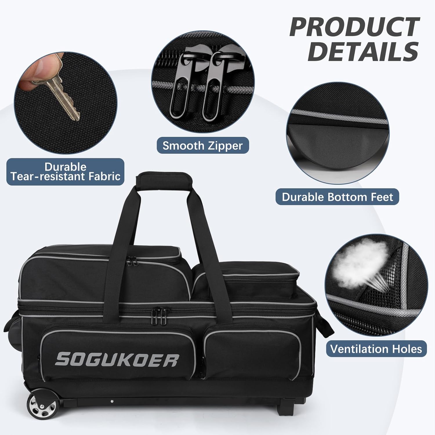 3 Ball Bowling Bags with Wheels, Premium Bowling Bags 3 Ball Roller - 900D Reinforced Oxford, Bowling Ball Bag with Large Separate Shoe Compartment & Accessory Pocket