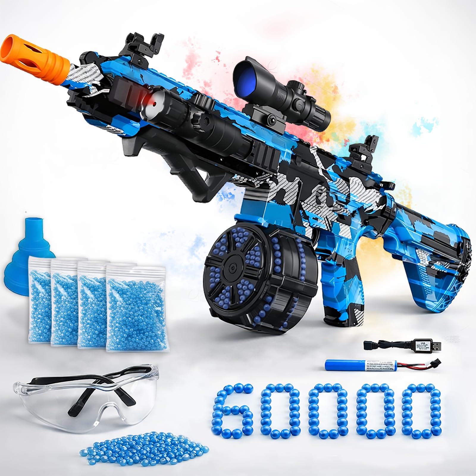 Electric Gel Ball Blaster, High Speed Automatic Splatter Ball Blaster with 60000+ and Goggles, JIFTOK Rechargeable Splatter Ball Toys for Outdoor Activities Shooting Game Party Favors-Blue Black