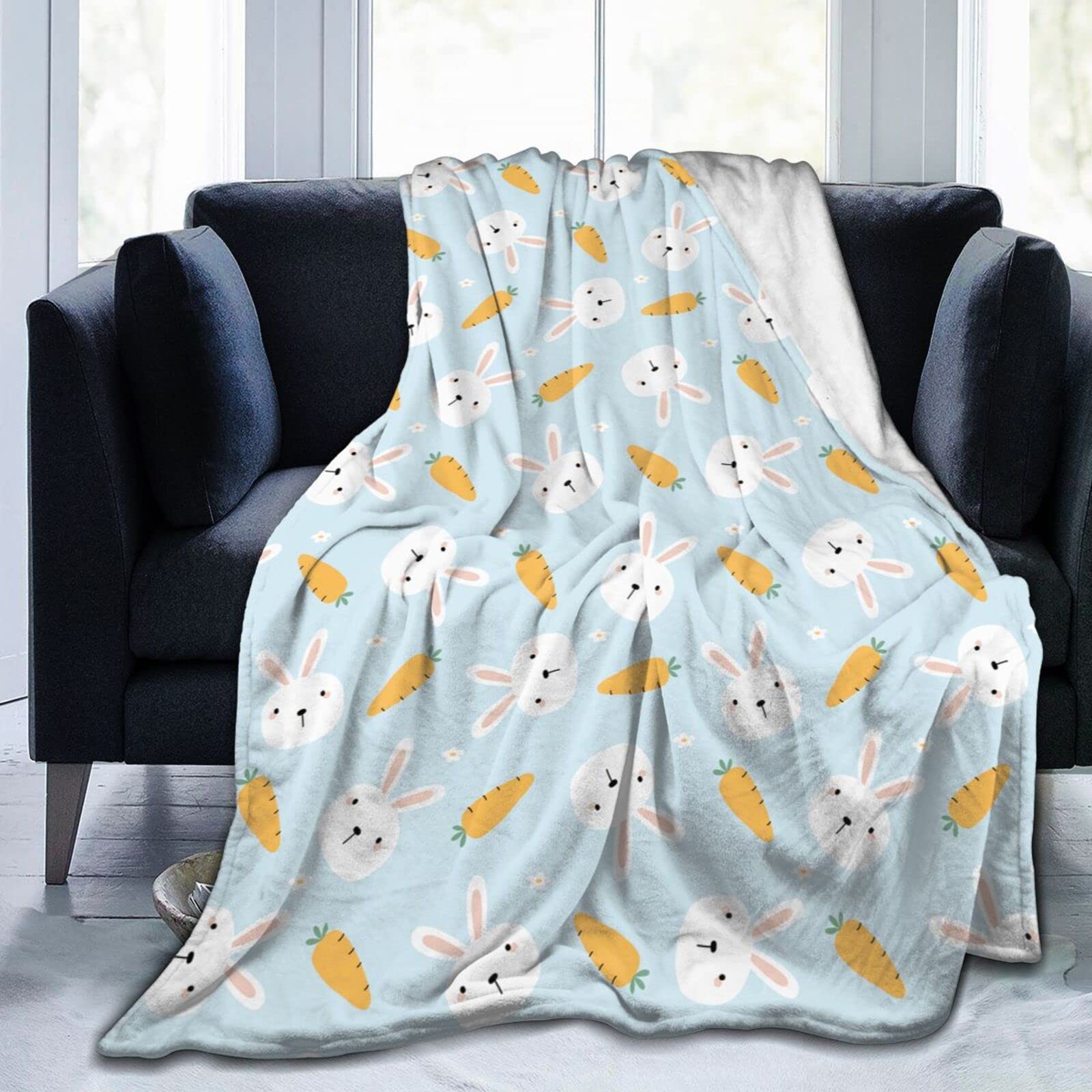 Lsjuee Rabbit and Carrot Throw Blanket Soft Warm Cozy Lightweight Blankets Cute Easter Bunny Flannel Blanket for Sofa Couch Bed Office Holiday Decorative 60"X50"