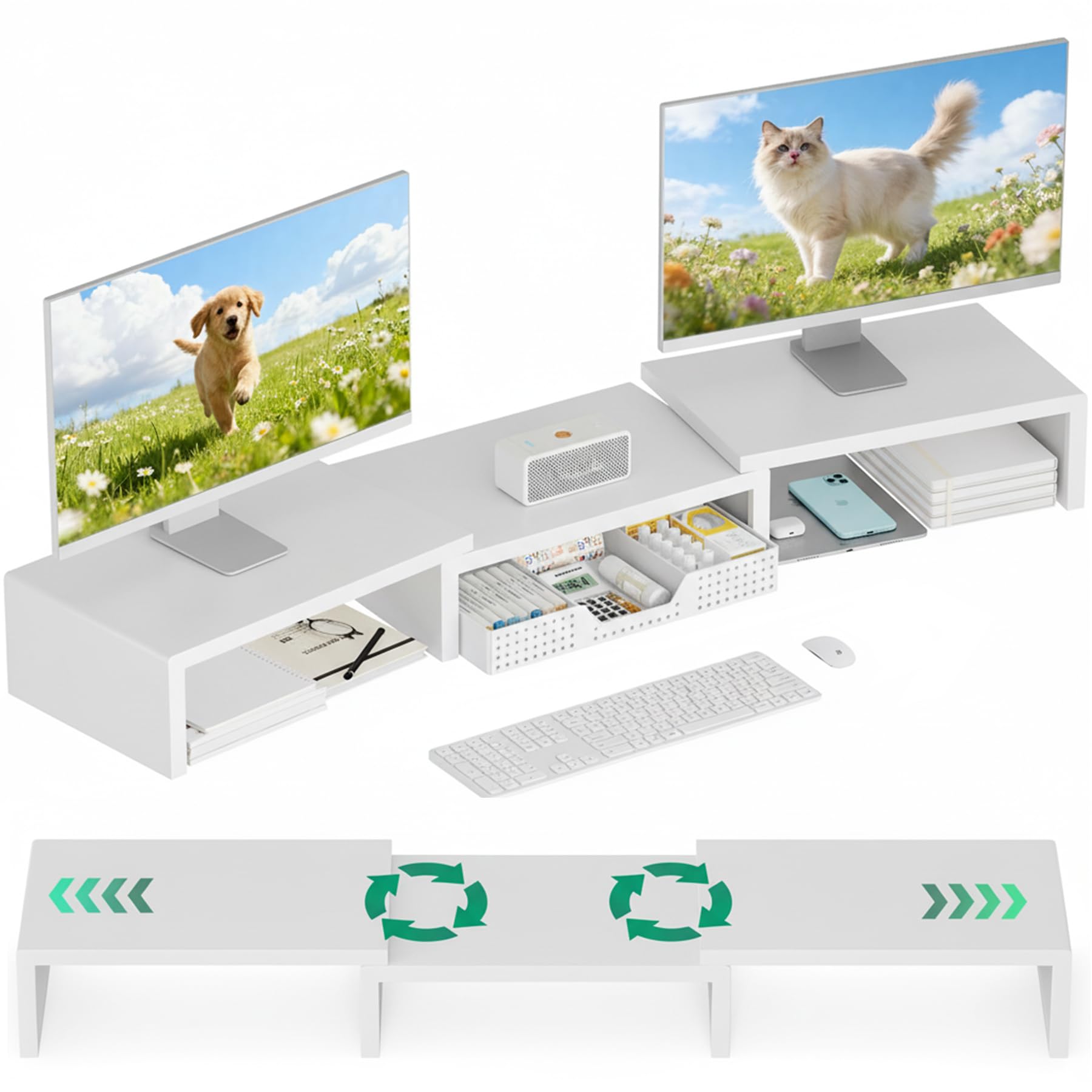 OPNICE Desk Organizer, Dual Computer Monitor Stand Riser with Drawer, Office Desk Accessories & Workspace Organizers, White