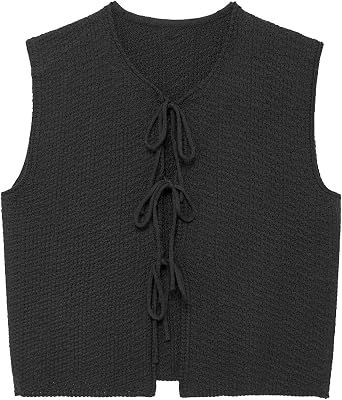 Duyang Womens Knit Vest Top Open Front Bow Tie Sweater Tank Tops Trendy Sleeveless Cardigan Y2k Crochet Cropped Sweater Vest