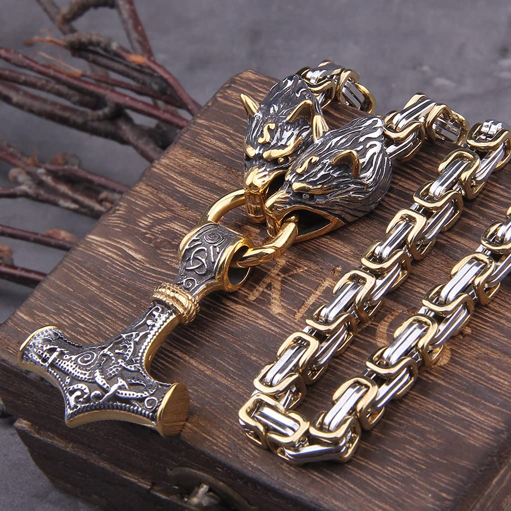 YABEME Thors Hammer Mjölnir Halskette, Nordic Viking Celtic Pagan Amulett Anhänger Schmuck, Herren Edelstahl King Chain Fenrir Wolf Head Link