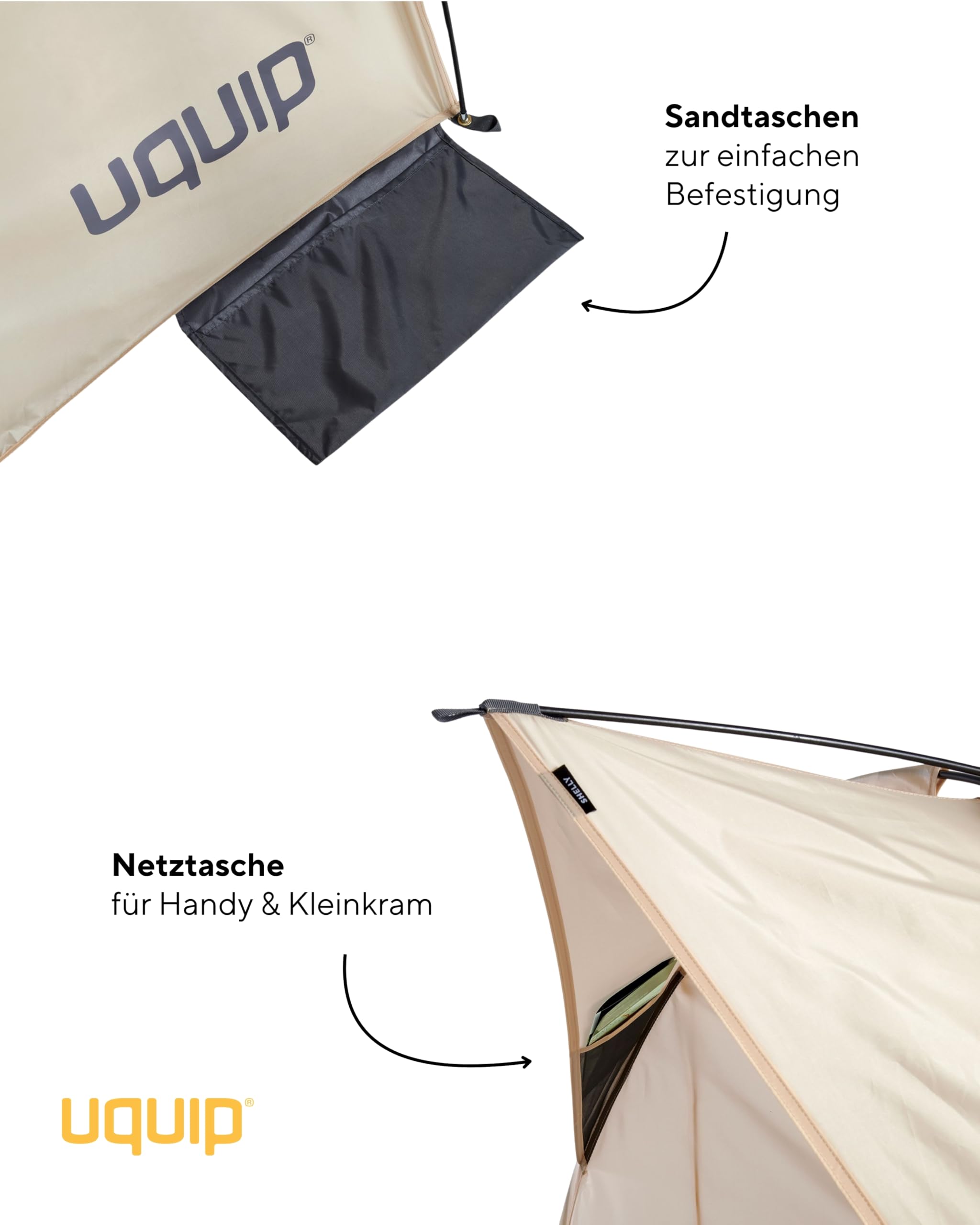 Uquip Strandmuschel Shelly Sand I 165 x 140 x 120 cm I UPF 50+ Strandzelt zum Schutz vor Sonne, Wind & Regen I tragbares Beach Zelt I ideal für Strand, Camping & Picknick