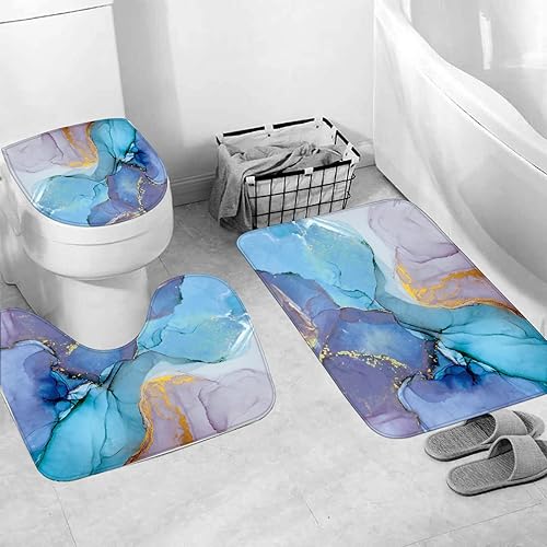 Miniatura 3 de Juego de 4 cortinas de ducha de mármol azul, juegos de baño con cortina de ducha y alfombras, alfombra decorativa para el baño, cubierta de tapa de