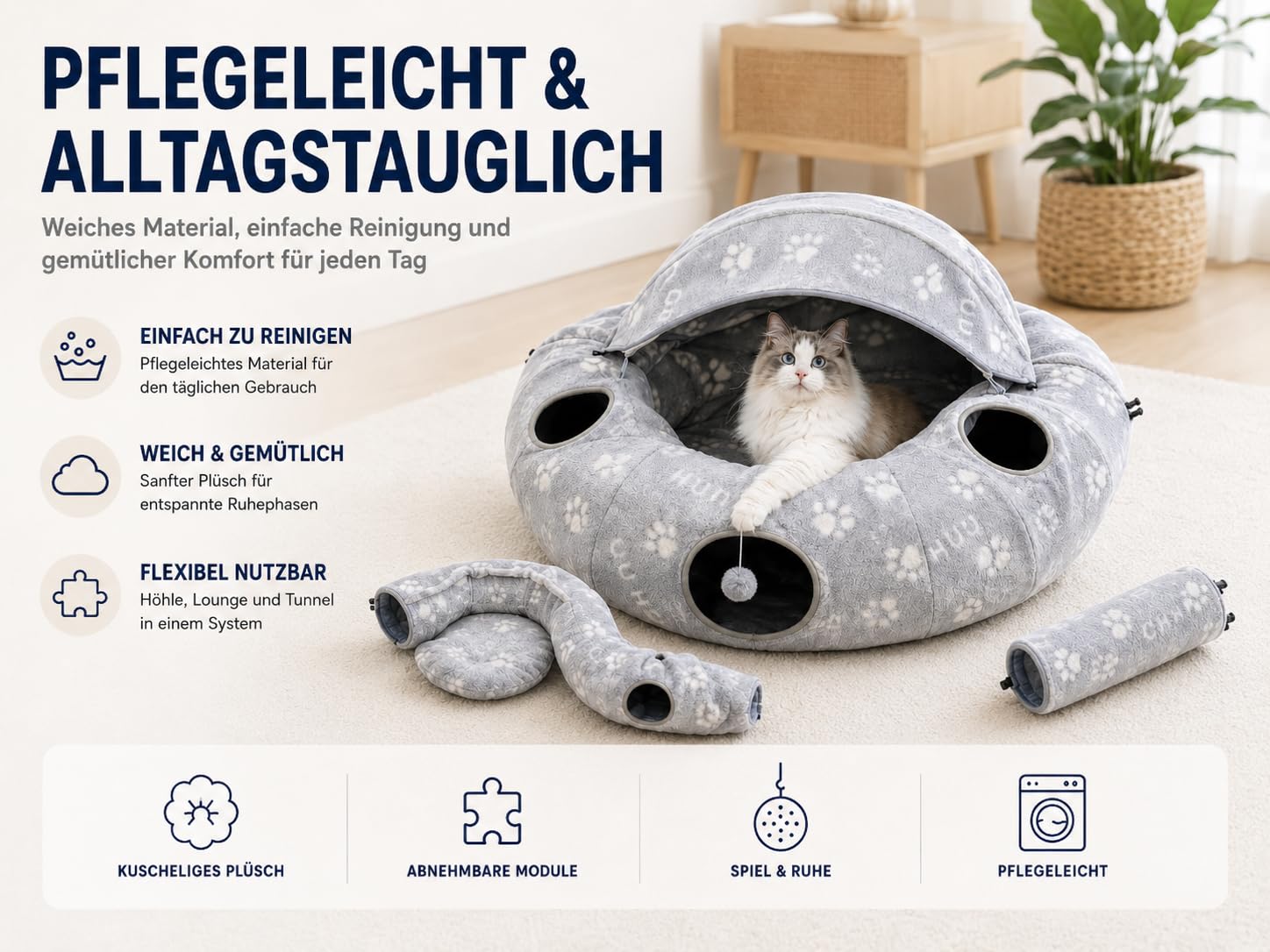 Katzentunnelbett, Katzentunnel für Indoor-Katzen, Katzen-Donut-Tunnel-Spielzeug mit waschbarem Kreiskissen, gerader geformter Tunnel, 4 Flauschige Bälle,selbstleuchtend.