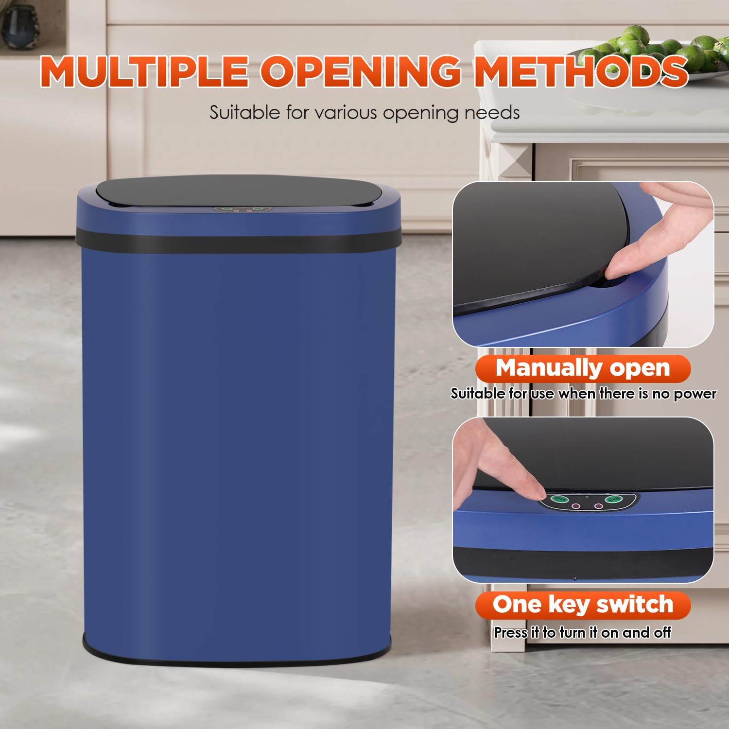 13 Gallon Kitchen Trash Can Automatic Garbage Can with Lid, 50 Liter Trash Bin Touch Free Garbage Bin High-Capacity Brushed Stainless Steel Waste Bin for Bedroom Home Office, Dark Blue