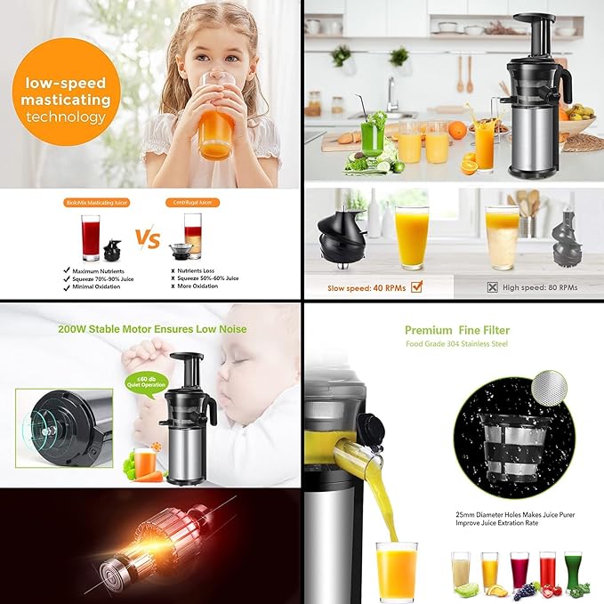 Extractor de Jugos Prensado Frío Motor Silencioso 200W Función Reversa miniatura 6