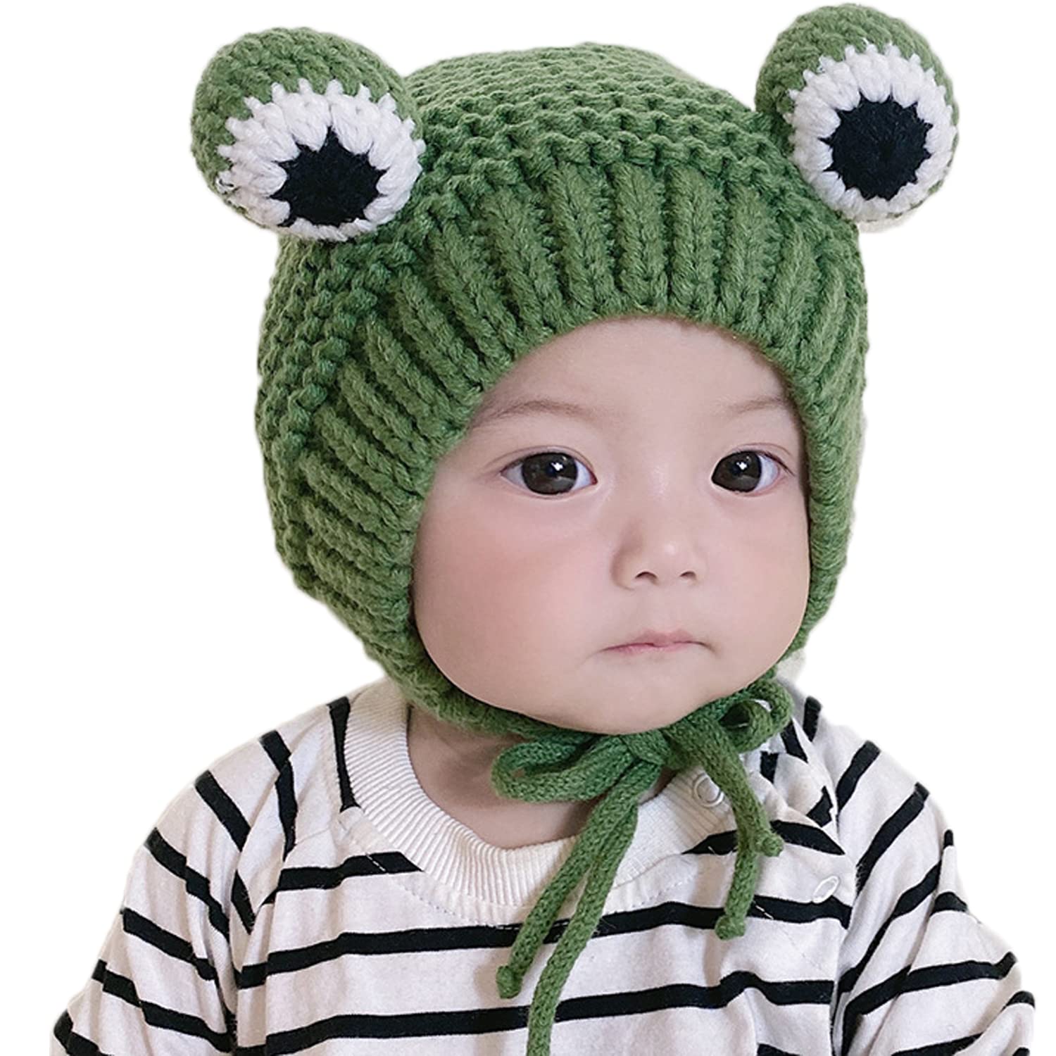 Baby Beanie Hat, Kids Knitted Beanie Cap Cute Frog Cartoon, Warm Winter Soft Headband for Baby Boys Girls with Fleece Lining