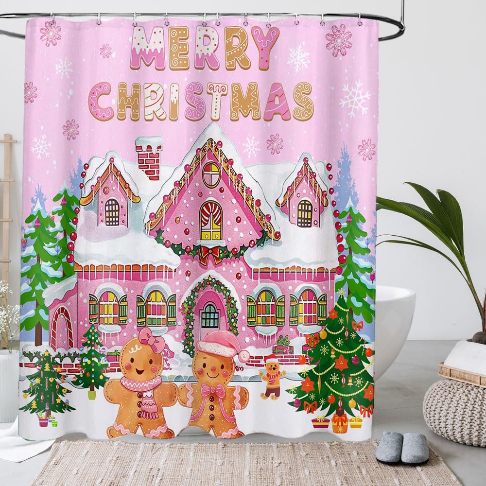 Duschvorhang Mit Weihnachts-Lebkuchenhaus-Motiv – 180x180 Cm, Wasserdicht, Mit 12 Haken