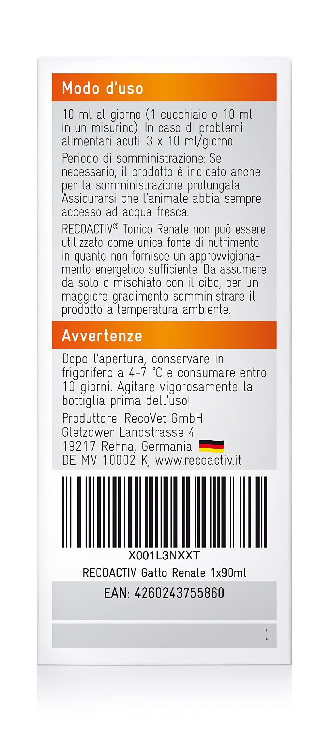 RECOACTIV Tonico Renale per gatti, 1 x 90 ml, integratore alimentare per supportare la convalescenza in caso di primi sintomi di compromissione della funzionalità renale nei gatti o come profilassi