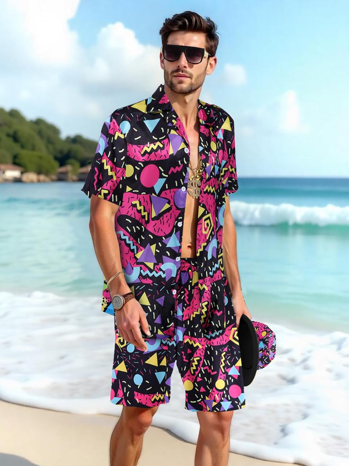 WILDPARTY 80s 90s Outfit for Men, Hip Hop Costume Button Up Blouse Tops Disco Retro Theme Party Outfit Hawaiian Vintage