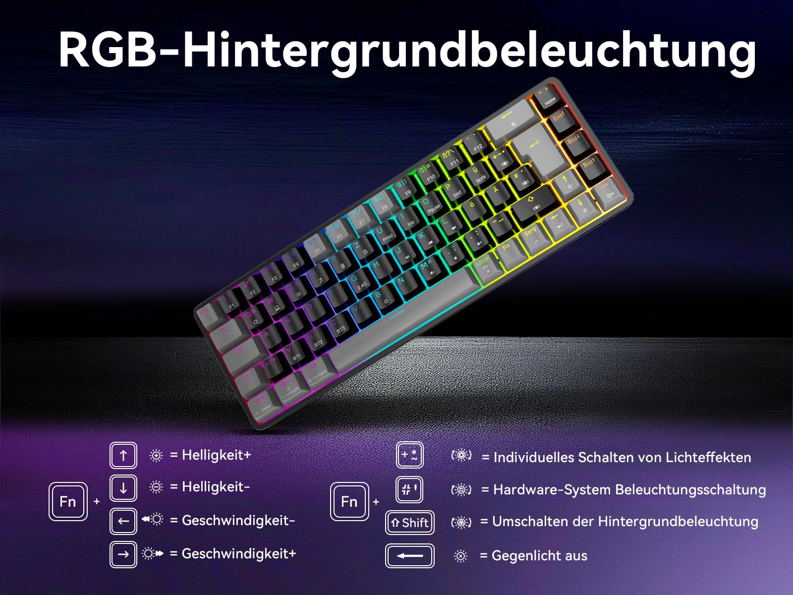 Dierya DK68 Kabellose Gaming Tastatur Deutsches Layout-QWERTZ,Bluetooth/2.4GHz/USB-C 68 Tasten RGB Beleuchtung Mechanische Tastatur,Linear Roter Switch,Grauschwarz