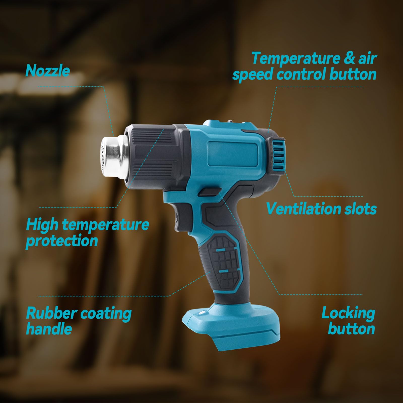 Akku Heißluftpistole für Makita 18V, Heißluftgebläse LCD-Display Heißluftfön mit 5 Düsen, 2 Temperatureinstellungen, max. 550 °C für Kunsthandwerk Schrumpfschläuche Harz Dekorieren (ohne Akku)