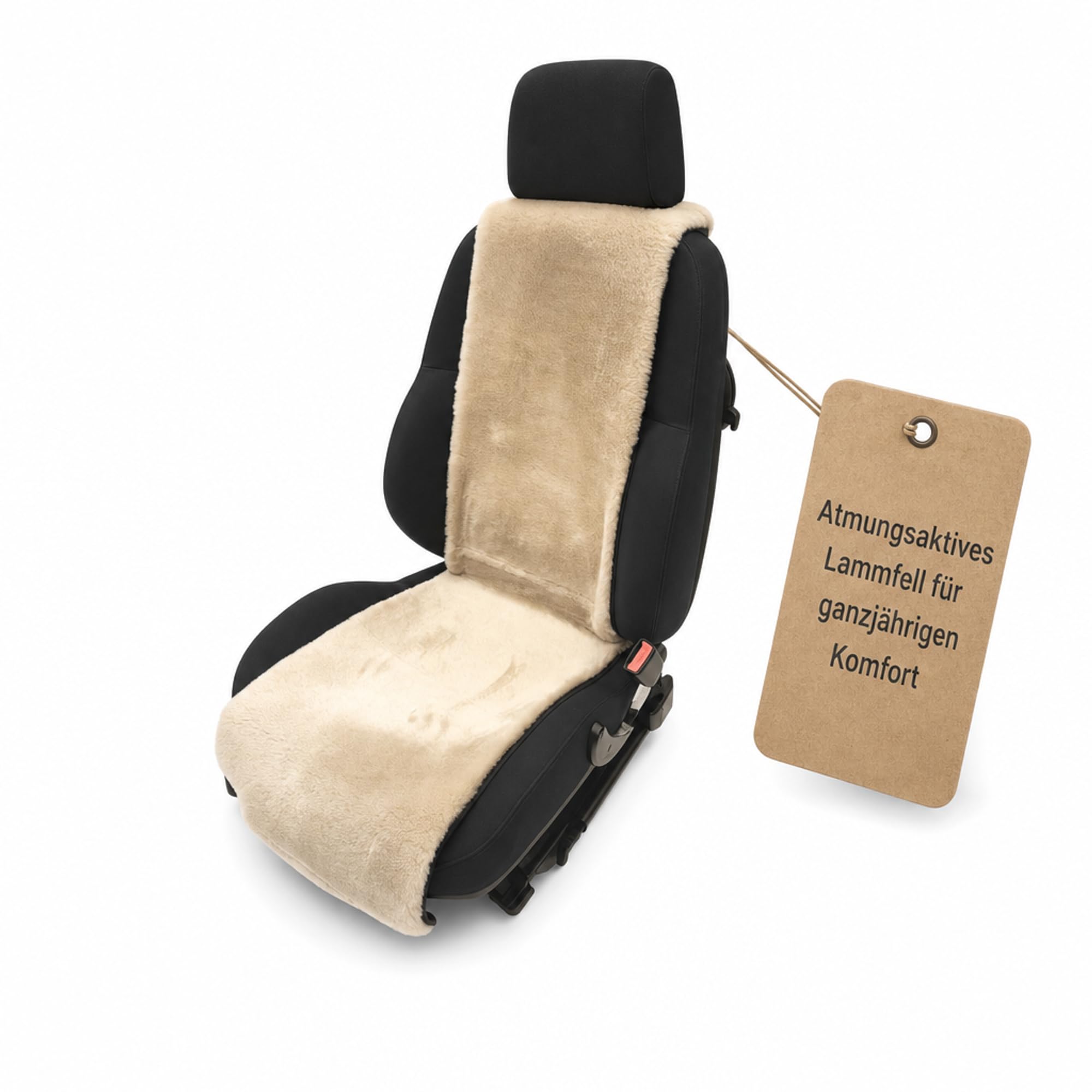 Lammfell Autositzauflage für PKW – Atmungsaktiv für Sommer und Winter – 36 x 135 cm, Universelle Passform (Beige)