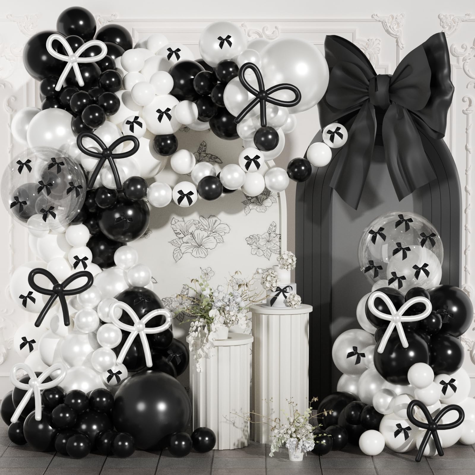 Black and White Balloon Arch Kit, JOGAMS 199Pcs Bow Balloon Arch Kit with 260 Clear Pearl White Balloons Ribbon Bow for Coquette Bow Theme Birthday Bachelorette Baby Shower Bridal Shower Wedding