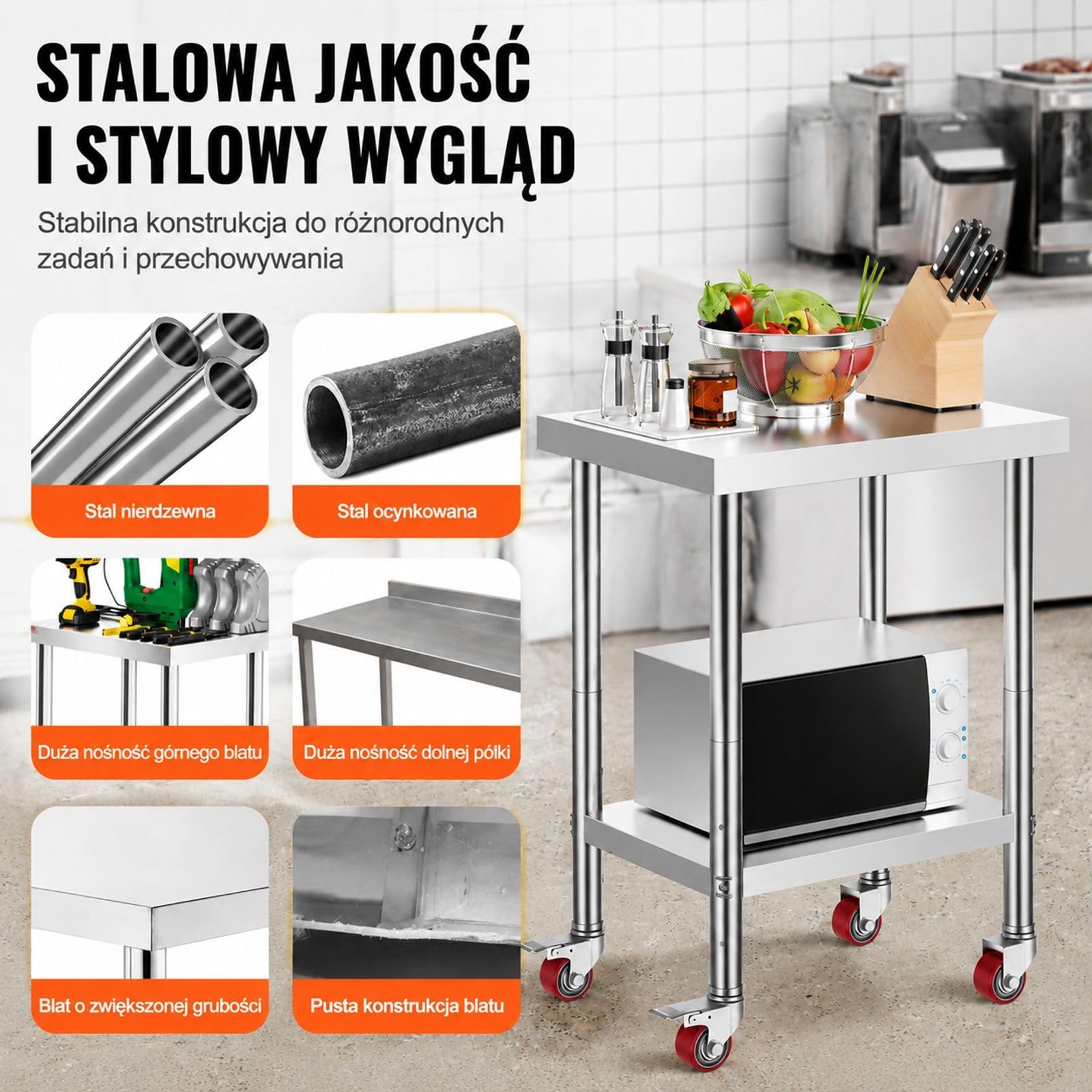 Stół roboczy ze stali nierdzewnej z dwiema półkami, regulowaną dolną półką i 4 kółkami do kuchni, baru i restauracji