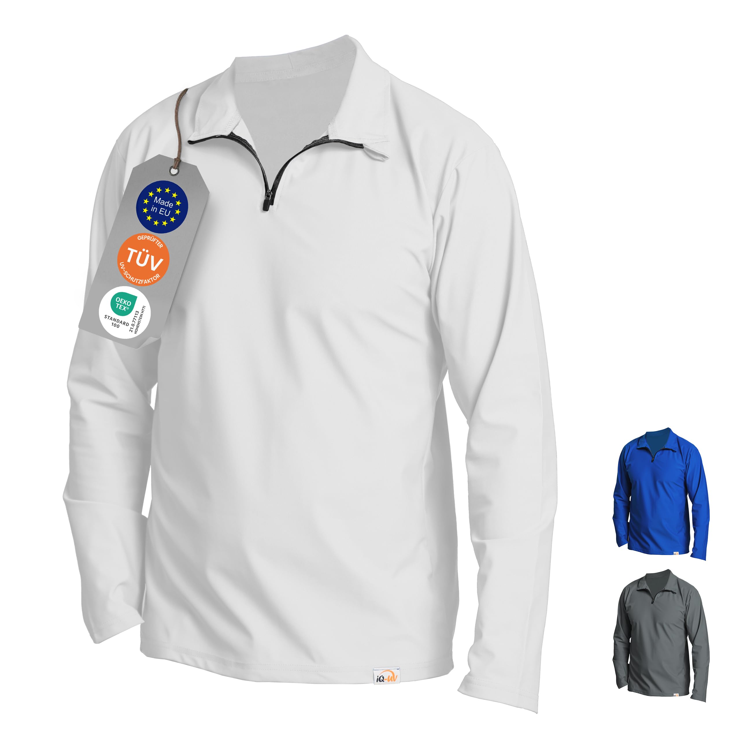 iQ-UV Shirt für Herren Langarm mit Reißverschluss Weiß L – Rashguard für Männer mit Sonnenschutz für Aktiv- und Wassersport – Schwimmshirt – Atmungsaktiv und schnelltrocknend