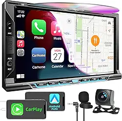 Estéreo automotivo Double Din com leitor de CD/DVD, Apple CarPlay/Android Auto 17.8 cm, rádio duplo din com câmera de reserva, link espelhado, Bluetooth, receptor de rádio AM FM, SWC, subwoofer, USB
