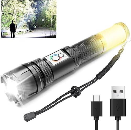 Linterna LED súper brillante de 3000 lm con luz COB, linterna de mano recargable, múltiples modos, impermeable IP65, carga USB-C, perfecta para