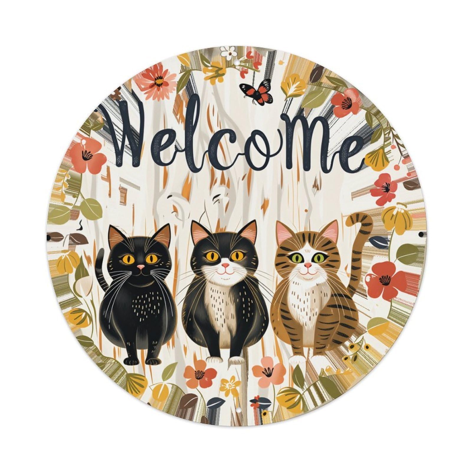 Cats Flowers Butterflies Welcome Pattern Round Tin Sign Retro Metal Sign for Cafe Bar Pub Home Game Room Gym Club Wall Decoration Vintage Metal Poster 8x8 Inch