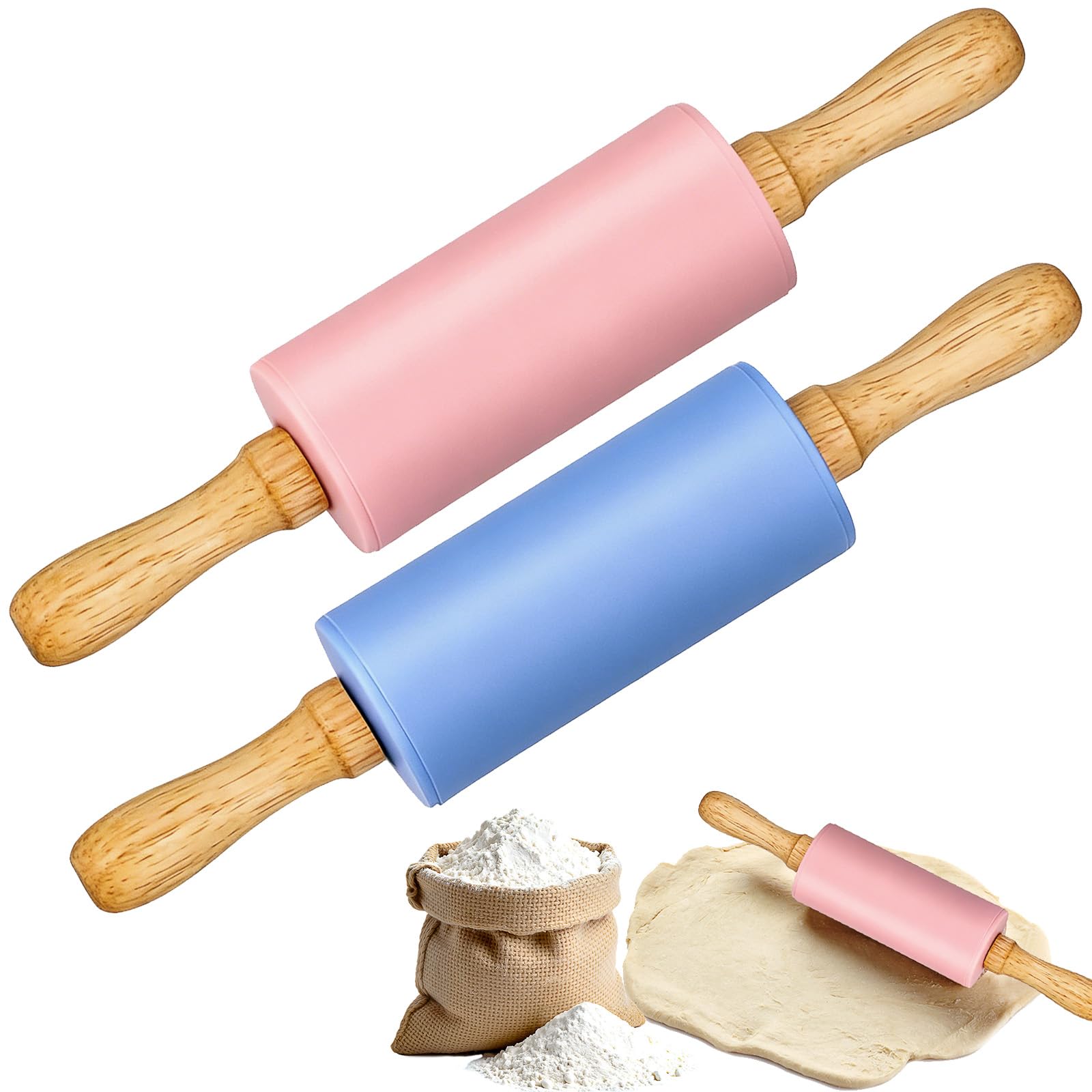 Silicone Rolling Pin,2 Pack Kids Rolling Pins with Wooden Handle,23CM Non-Stick Mini Rolling Pin for Cakes,Baking,Pizza,Fondant,Cookie