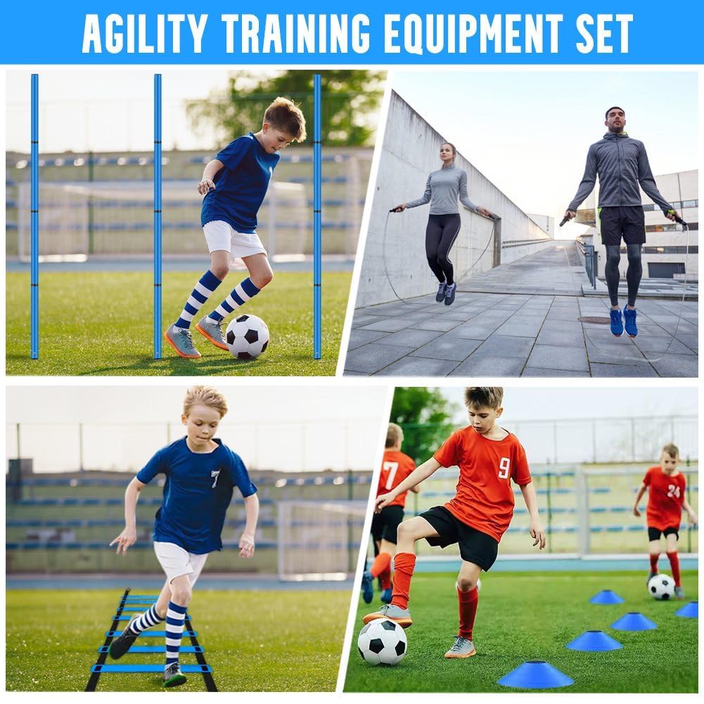 Set di accessori per allenamento da calcio, 6 aste per slalom, scala di coordinazione, 6 m, 12 cappelli, corda per saltare e paracadute per allenamento di coordinazione