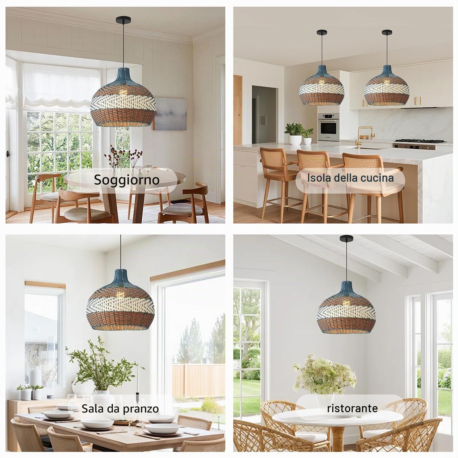 Lampadario rustico a 1 luce in rattan, stile boho, per soggiorno, lampada a sospensione intrecciata a mano, illuminazione rustica per isola cucina e ristorante (40 cm/50 cm)