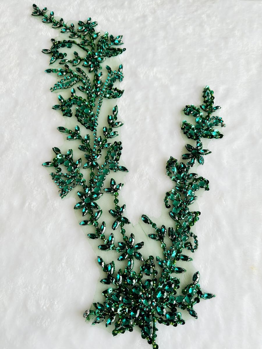Handmade Shining Acrylic Rhinestones on lace Applique Sewing Beads Stones Trim Patches Accessories for Wedding Dress (Deepgreen)