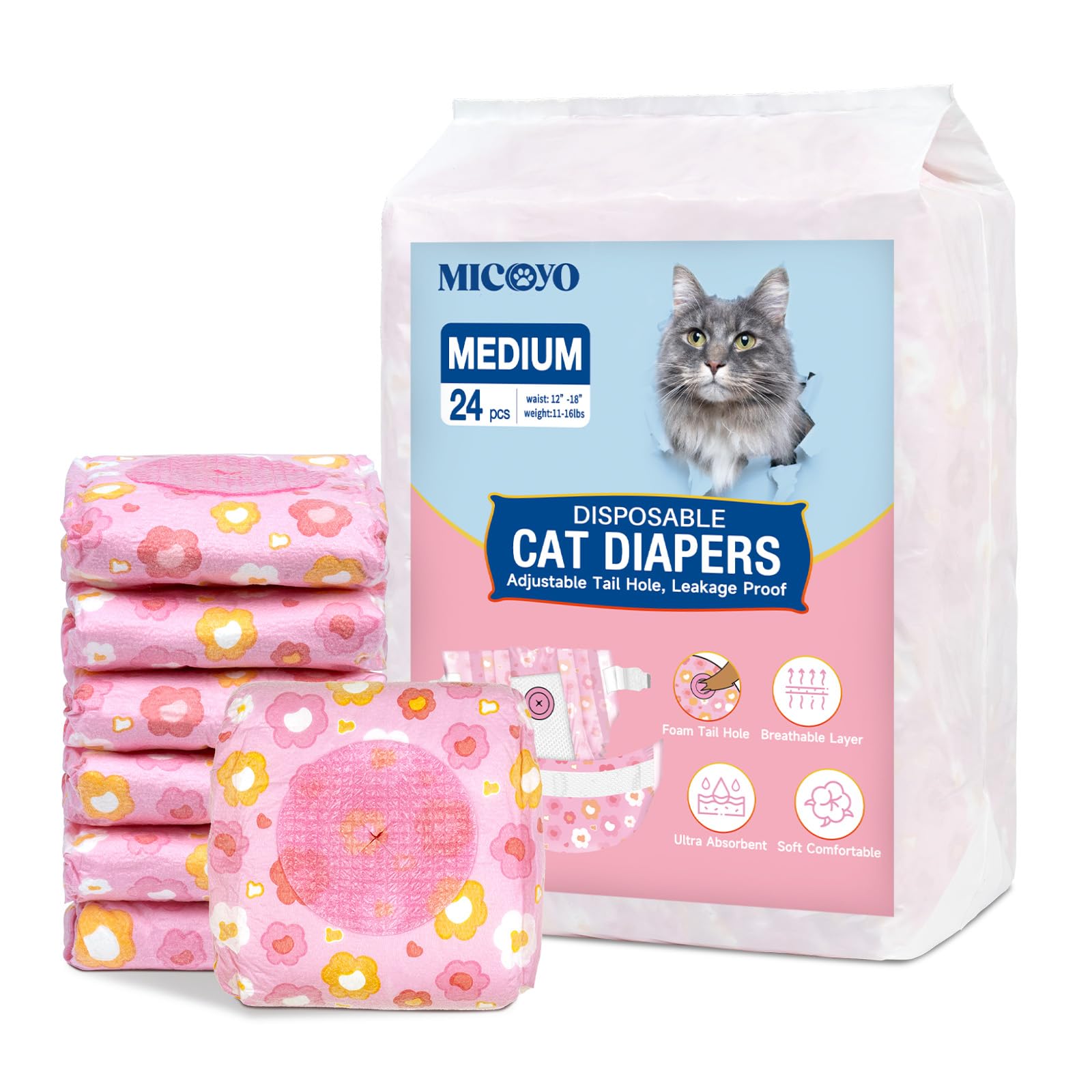 MICOOYO Disposable Cat Nappies Female Super Absorbent Puppy Nappies Cat Dog Hygiene Pants Cats Diapers for Female in Heat & incontinence(M, 24pcs,pink)