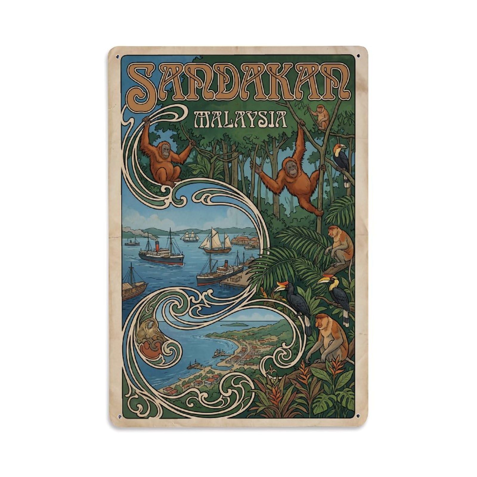Retro Travel Malaysia Sandakan Metal Tin Sign Plaque Wall Decor for Cafe, Club Bar, Office, Garden Metal Poster 8x12Inch