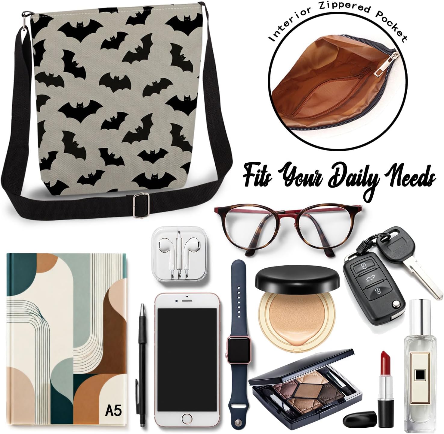 Bat Print Canvas Crossbody Bag, Adjustable Strap Lightweight Purse with Top Zipper & Inner Pocket, Daily Shoulder Bag Halloween Present for Women - Image 6