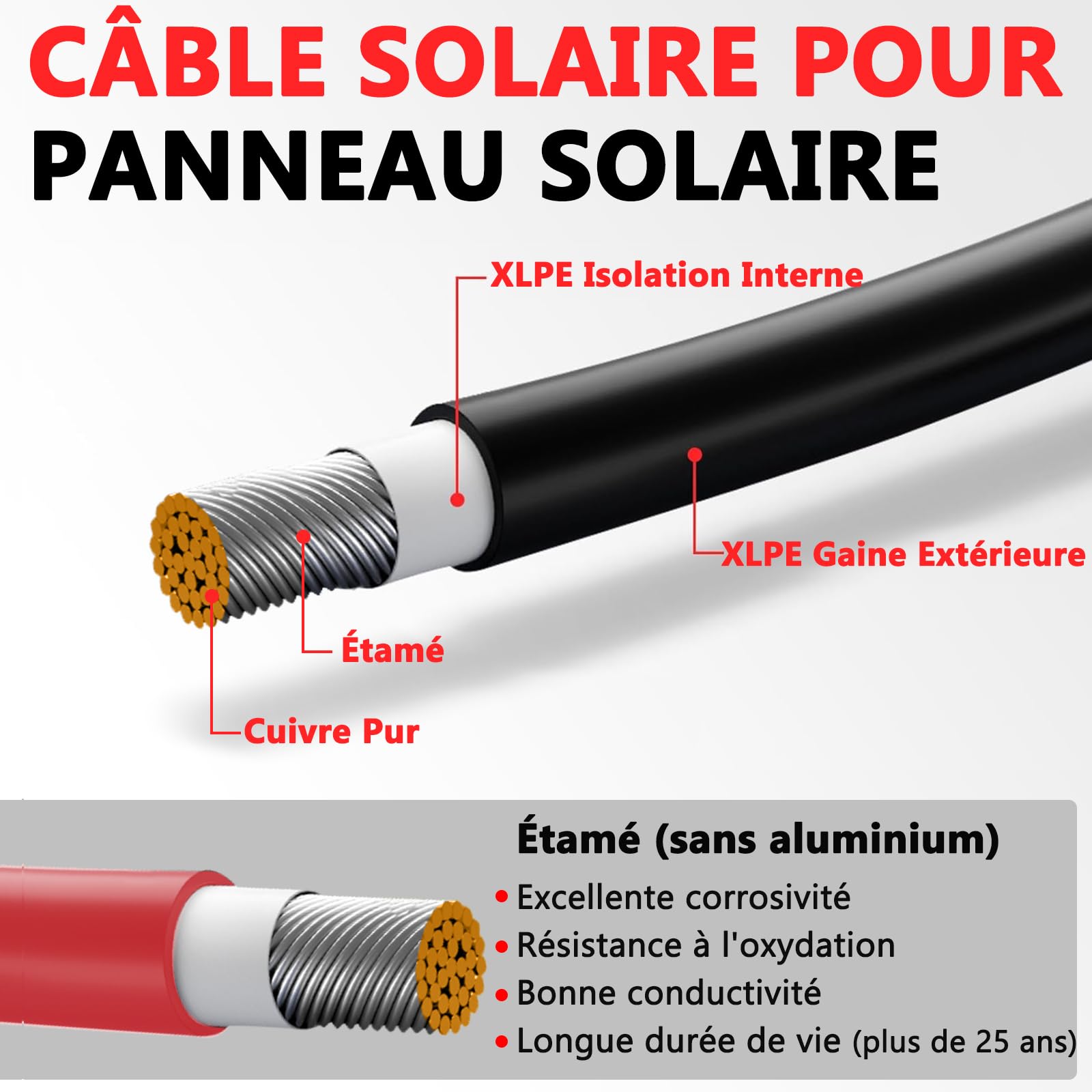 Oududianzi Cable Solaire 6mm2 5m, Rallonge Cable Panneau Solaire 1/2/3/5/8/10/15/20/30m, Étanche IP68 Câble Photovoltaïque avec Connecteurs Mâles et Femelles pour Panneaux Solaires (6mm² 5m)