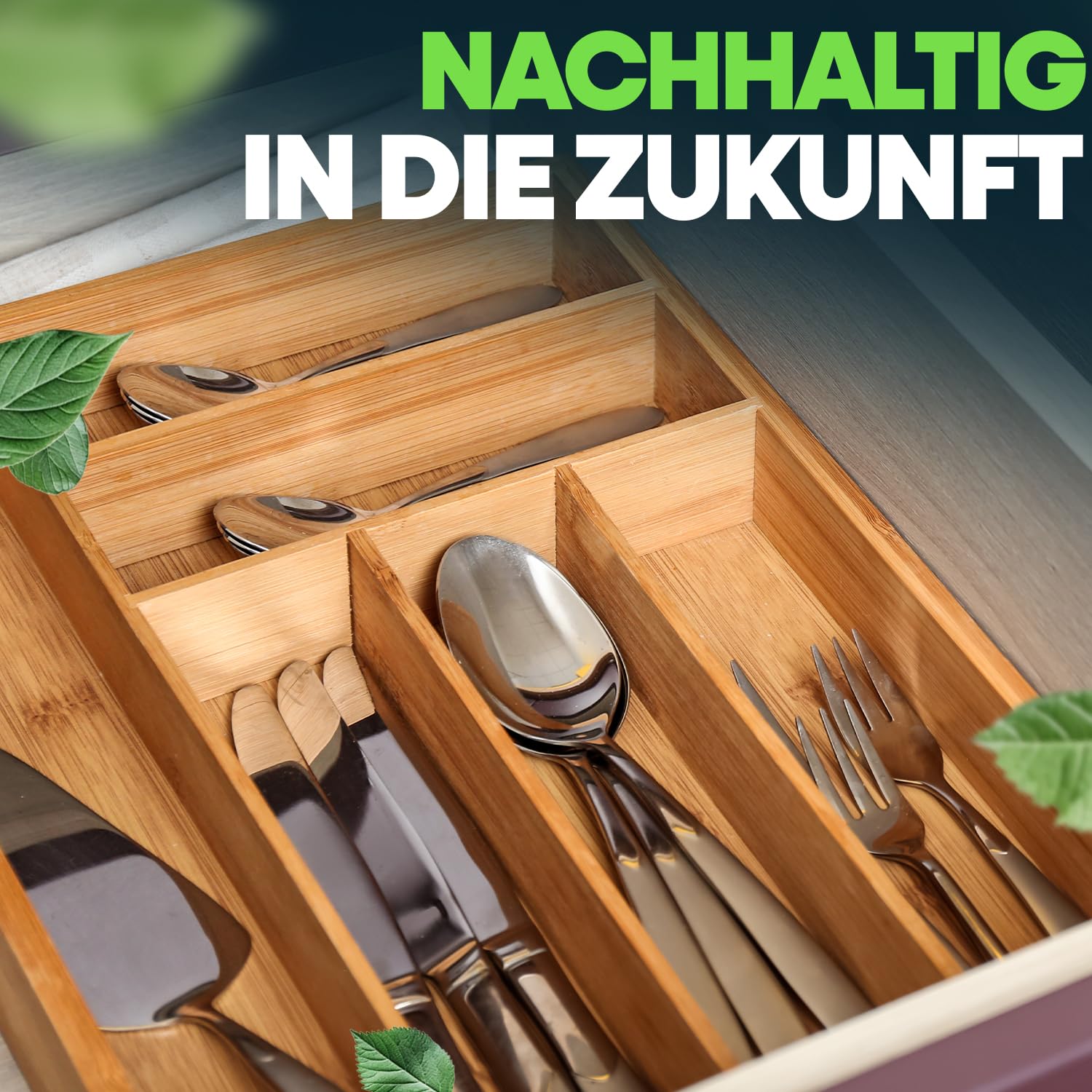 Loco Bird Besteckkasten für Schubladen aus Bambus 6 Fächer - 25,5x35,5x5cm Besteckeinsatz für Schubladen verstellbar - Besteck Organizer Küche Holz - Schubladeneinsatz Küche - Cutlery Organizer