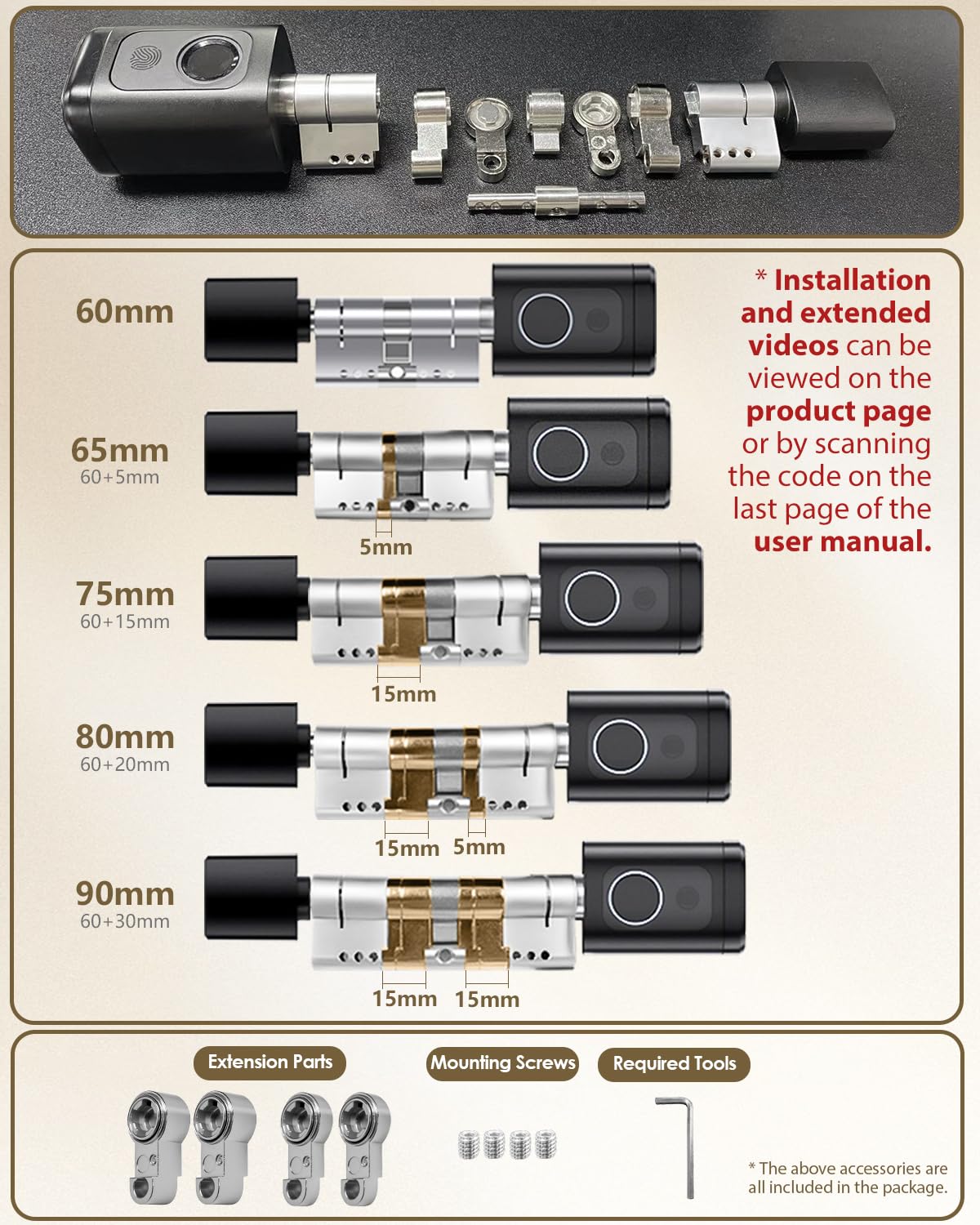 Cerradura Inteligente Ajustable 60mm-90mm, Fechadura Inteligente con Base de Datos Europea Independiente, Bombin Cerradura Seguridad con Huella Digital, Contraseña, Aplicación, Llave, Tarjeta Clave