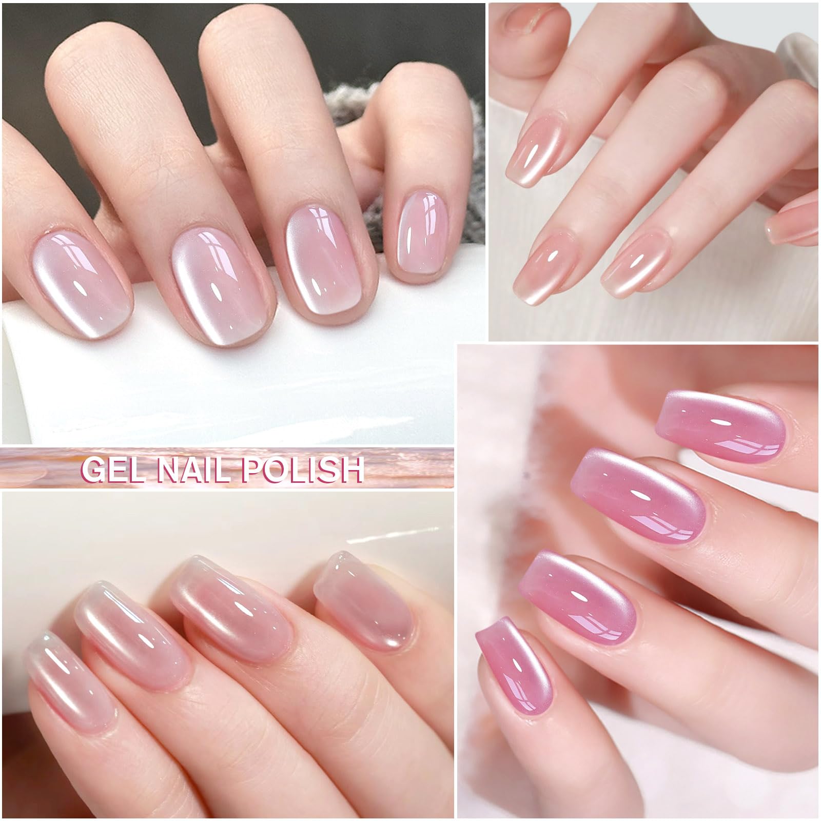 Shining She Półtrwały lakier magnetyczny, 4 odcienie bladego różu, holograficzny brokat kocie oko, z magnetycznym sztyftem, lakier UV/LED, lakier do paznokci, do salonu, domu DIY, 8 ml