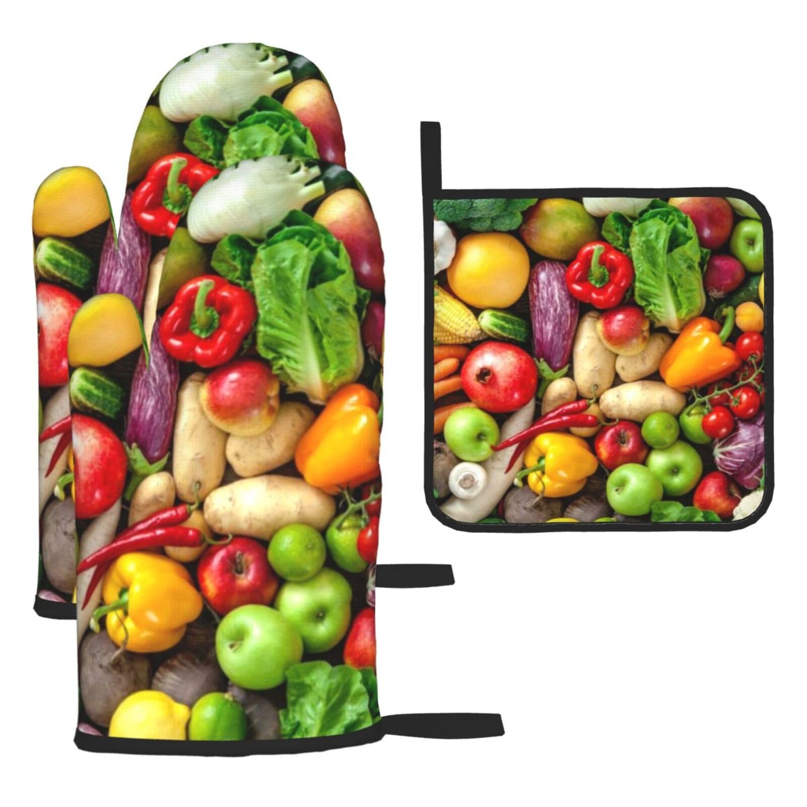 Fresh Fruits And Vegetables Print Oven Set Kitchen Gloves Baking Grilling Microwaving Cooking Gift Everyday Holiday
