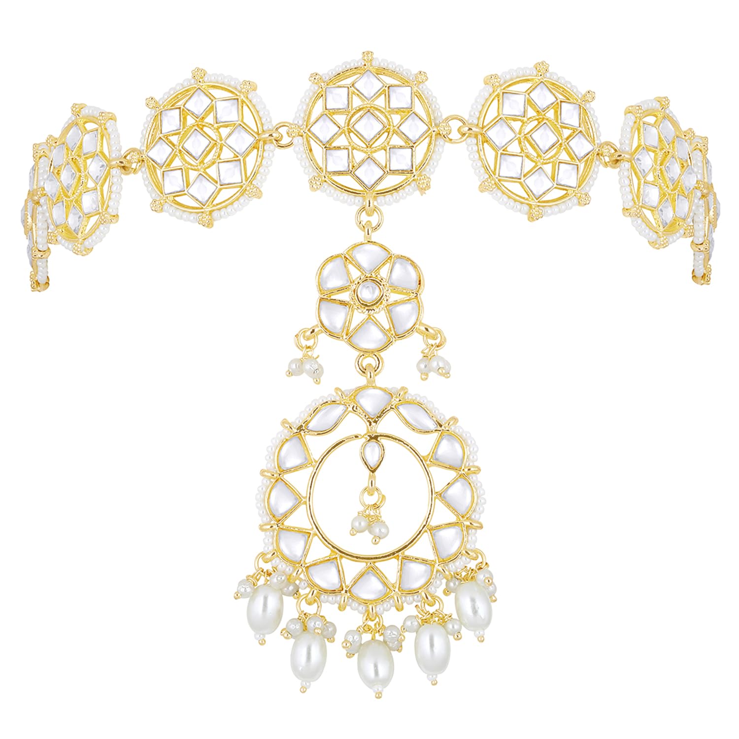 Traditional Gold Plated White Kundan Studded Sheeshphool Maangtikka Ethnic Fashion Stylish Jewellery Gift for Girls & Women-image-44