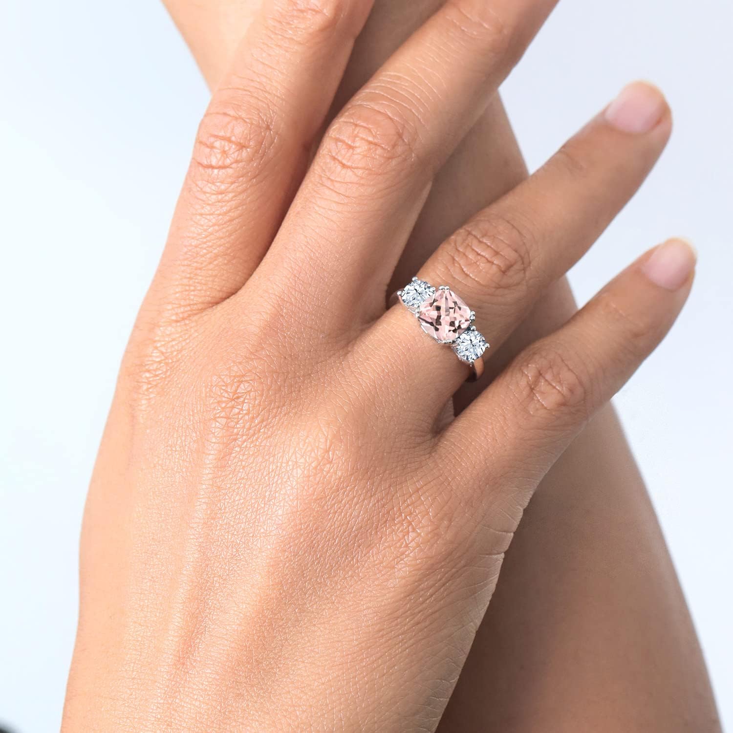 Gem Stone King 3.50 Cttw Peach Nano Morganite and White Zirconia 3-Stone Engagement Ring For Women | 925 Sterling Silver | Cushion 8MM | Wedding Engagement Anniversary Promise Ring For Women