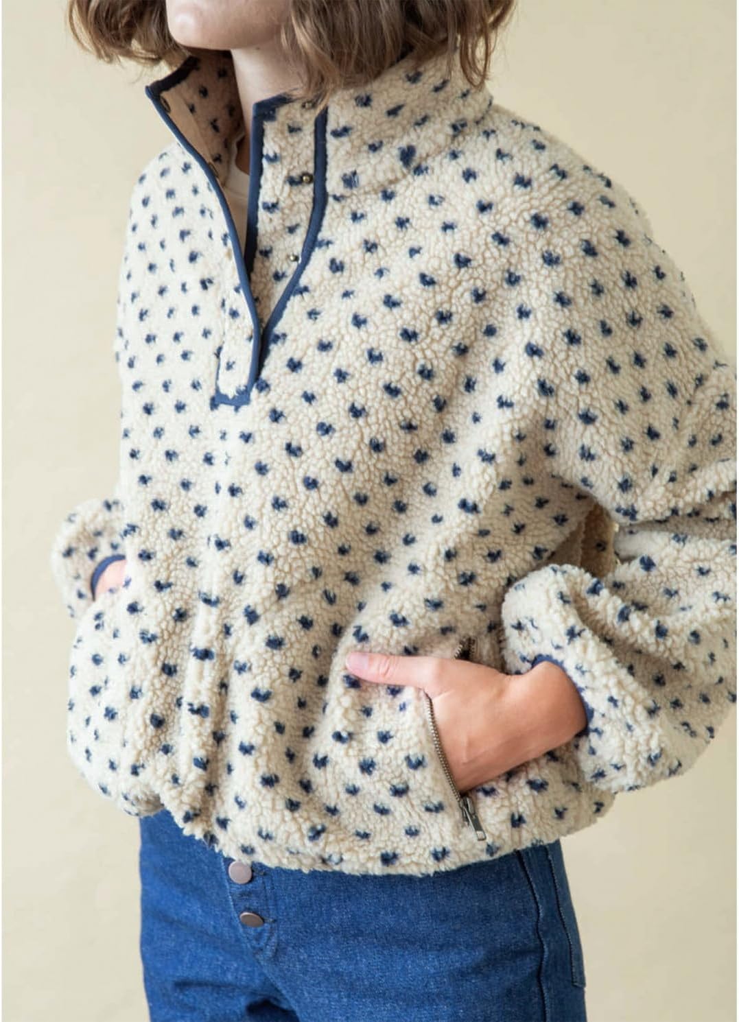 Womens Fleece Sweatshirt Half Zip Sherpa Pullover Jackets Warm Long Sleeve Vintage Hiking Coat with Pockets - Image 5