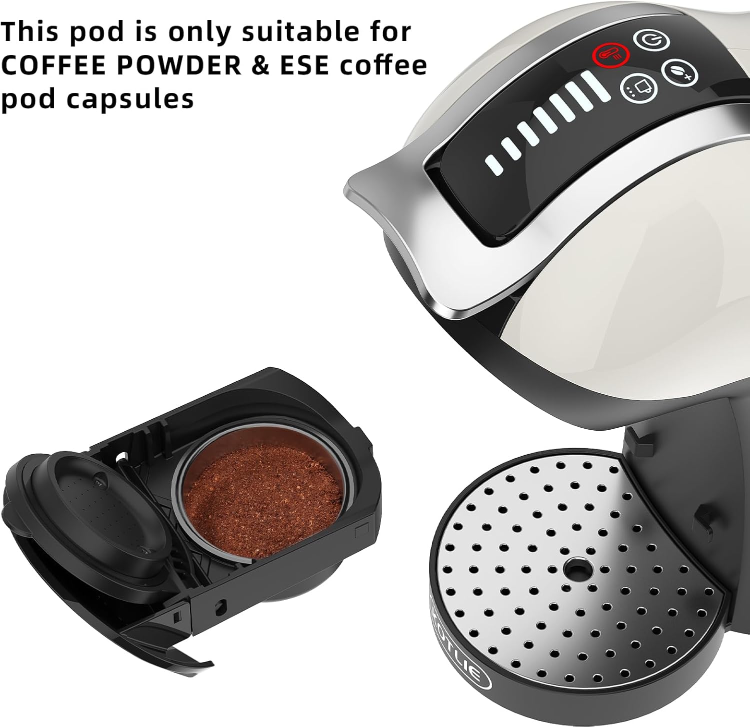 KOTLIE EM-308A Pod Accessory filled with ground coffee, next to the coffee machine